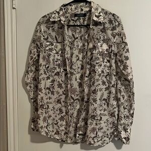 Lauren Ralph Lauren Floral Button Up Long Sleeve Blouse/Top Size Medium White
